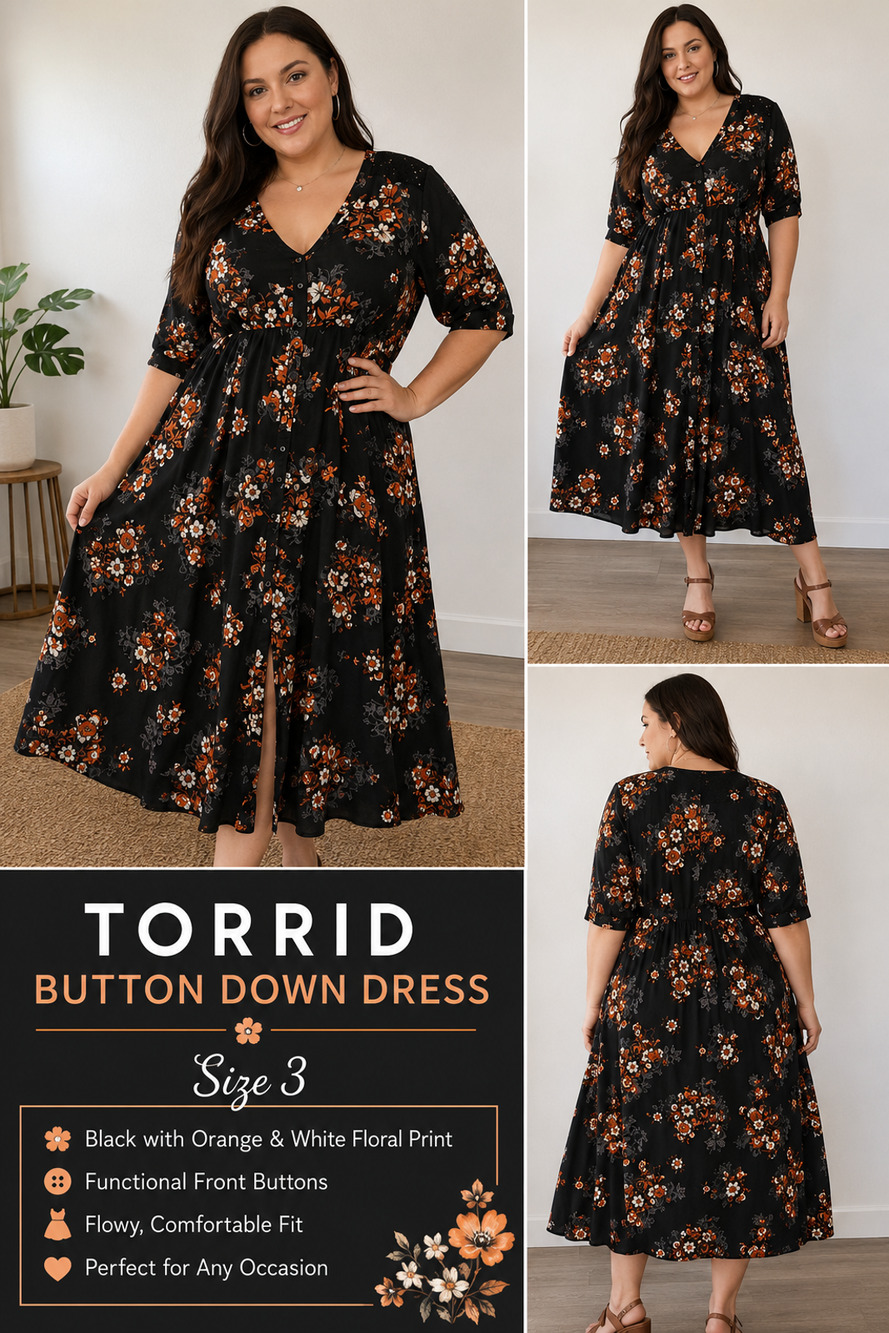Torrid Black Orange Floral Button Front Maxi Dress Lace Shoulder Detail Size 4